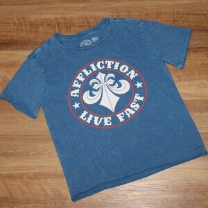 LIKE NEW! Boy's AFFLICTION Size SMALL Blue Lava Wash Graphic Print Logo Tee